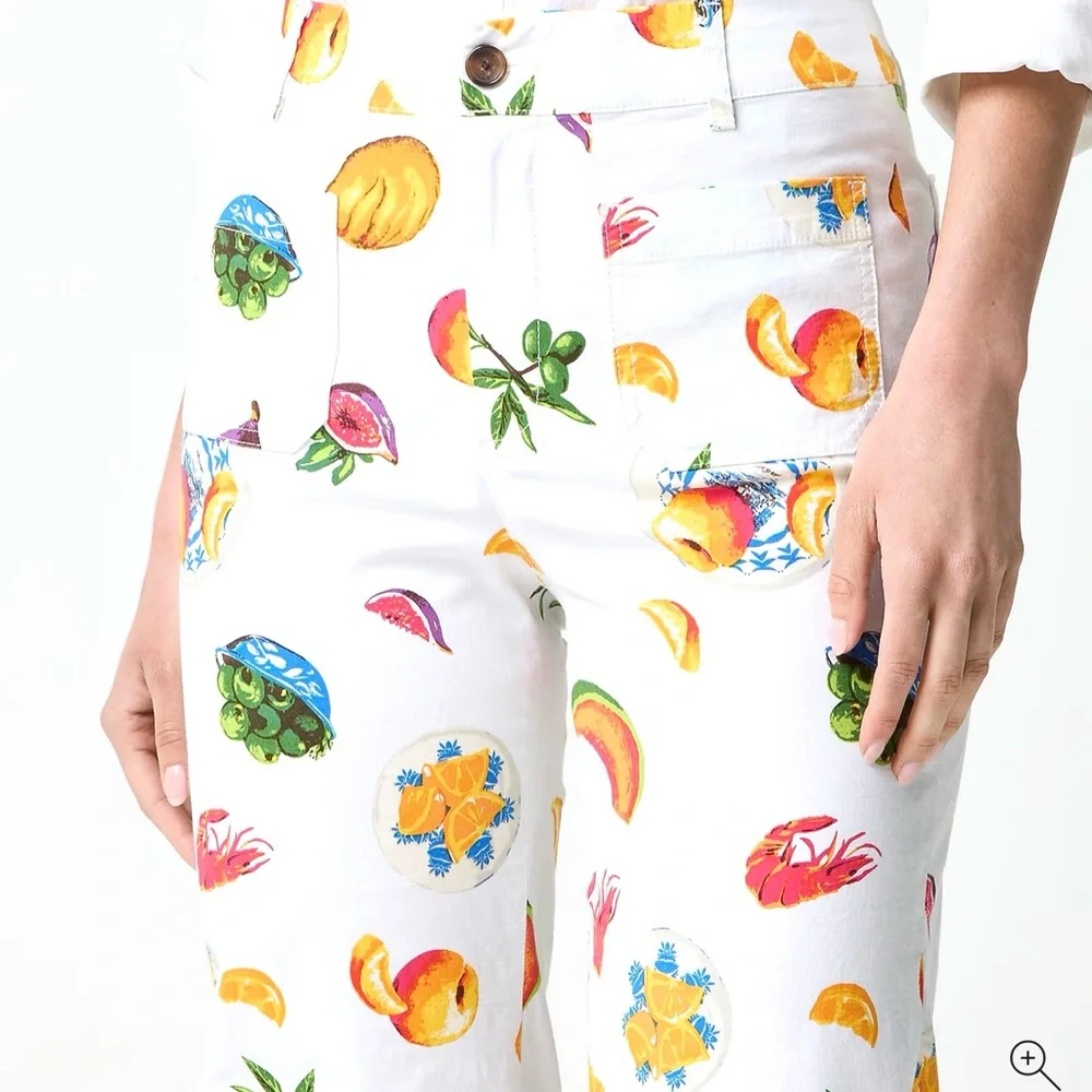 J. Crew White Wide-Leg Pants with Multicolor Fruit Print